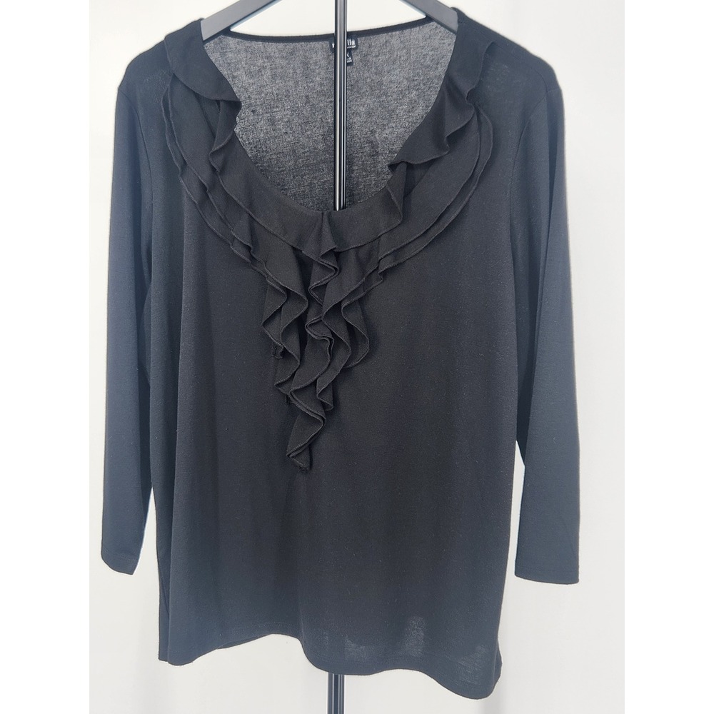 Rafaella Woman Black Ruffle V-Neck Knit Top 3/4 Sleeve Size 2X RN 37763